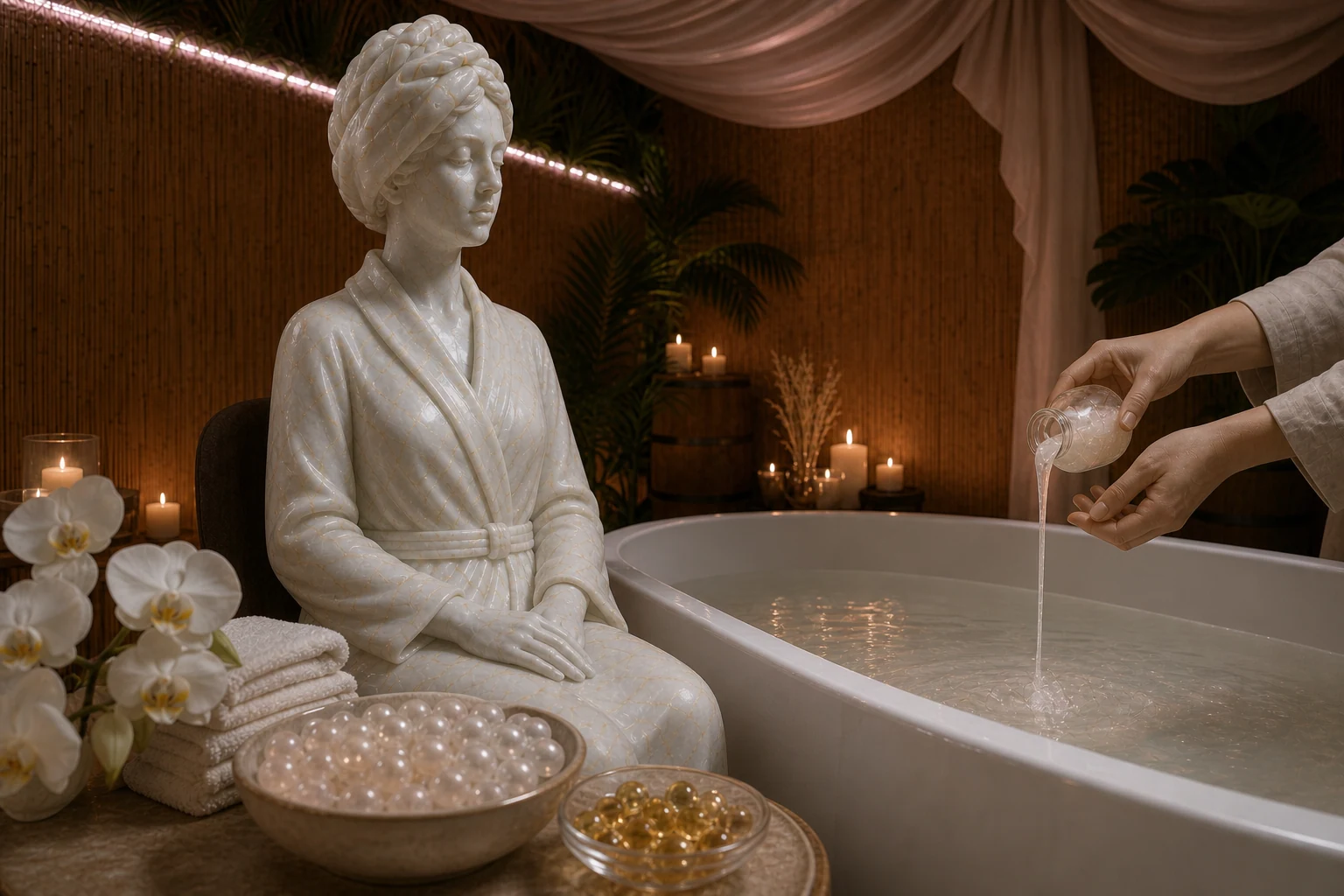 Беломраморная статуя с золотыми прожилками в коллагеновой SPA-ванне