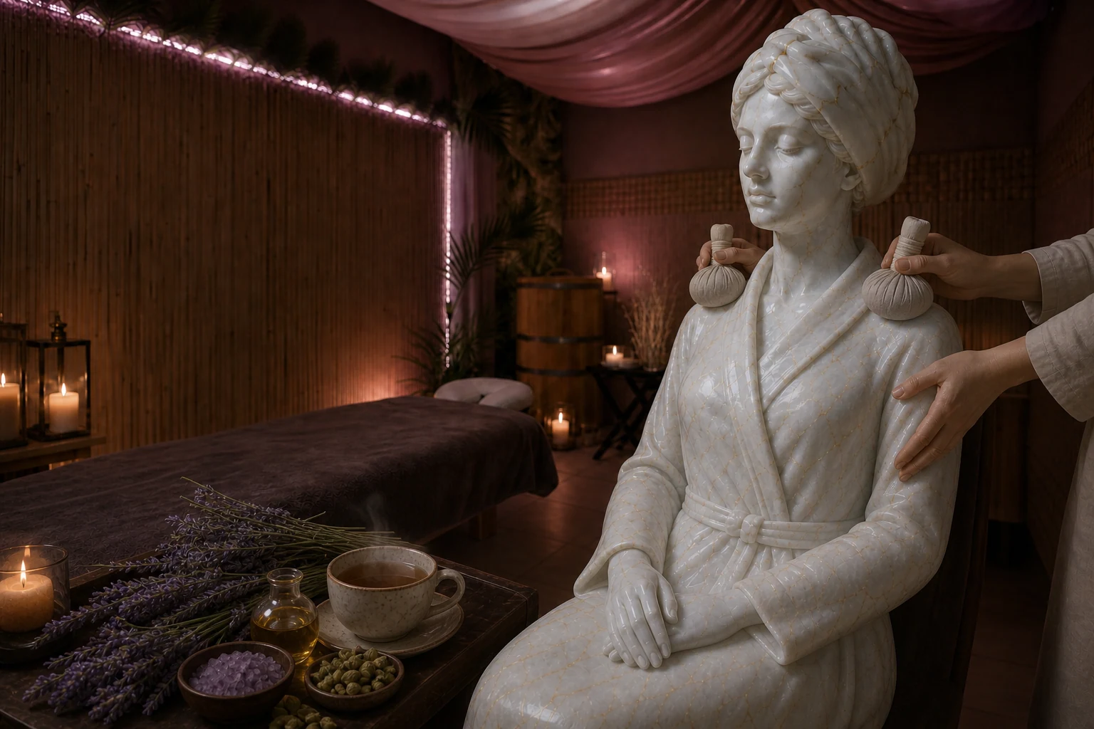 Беломраморная статуя с золотыми прожилками во время расслабляющего SPA-массажа