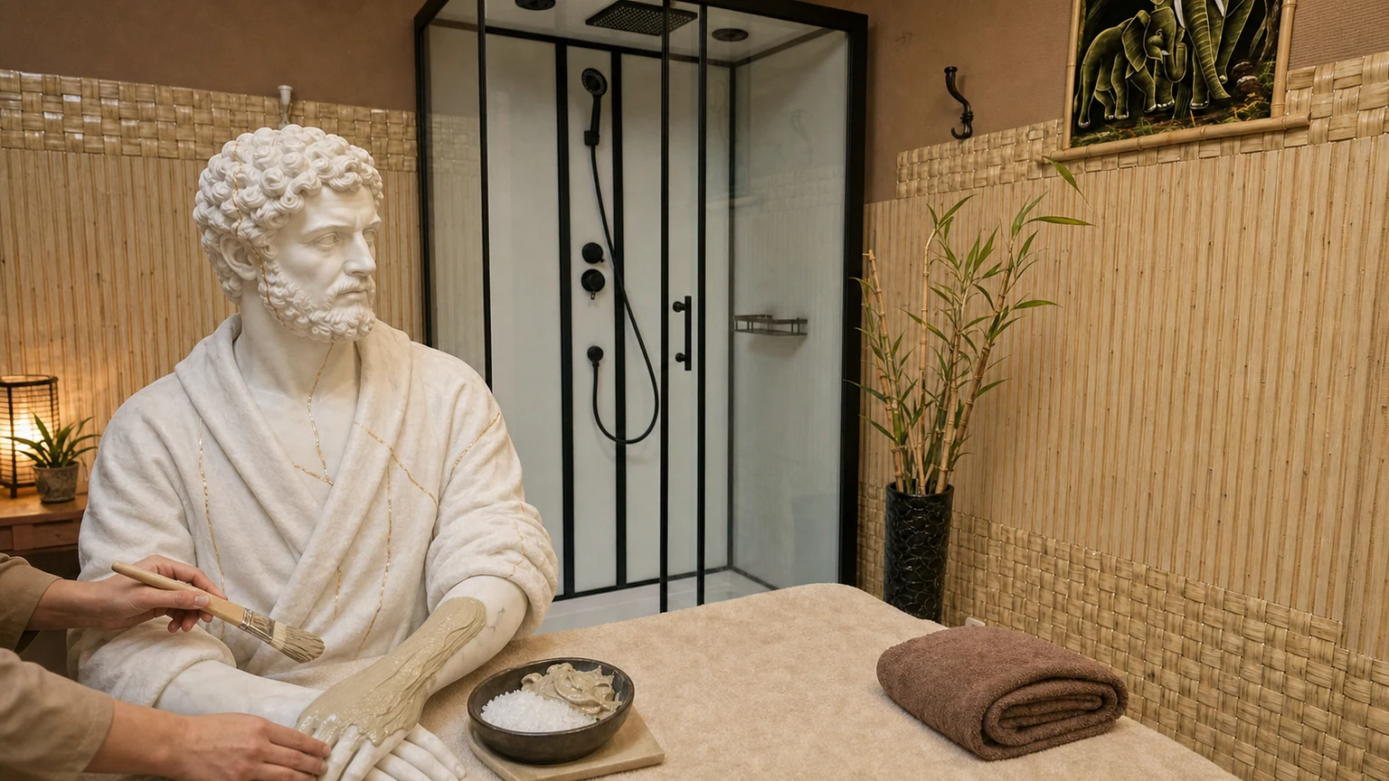 Мужская мраморная статуя и минеральное обертывание в Pandora SPA