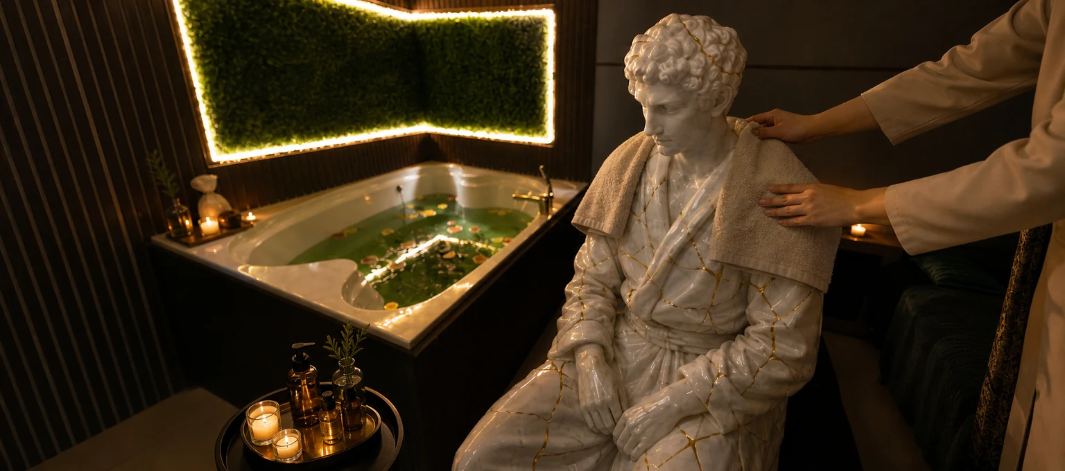 Мужская мраморная статуя с золотыми прожилками в SPA-комплексе Pandora