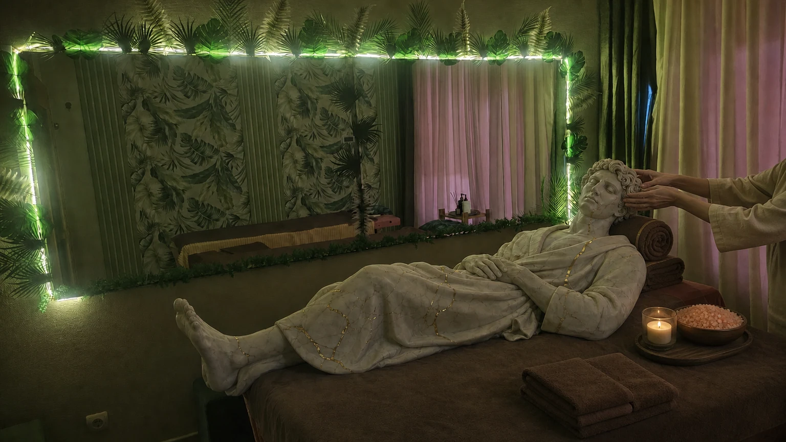 Мужская мраморная статуя в расслабляющем SPA-ритуале