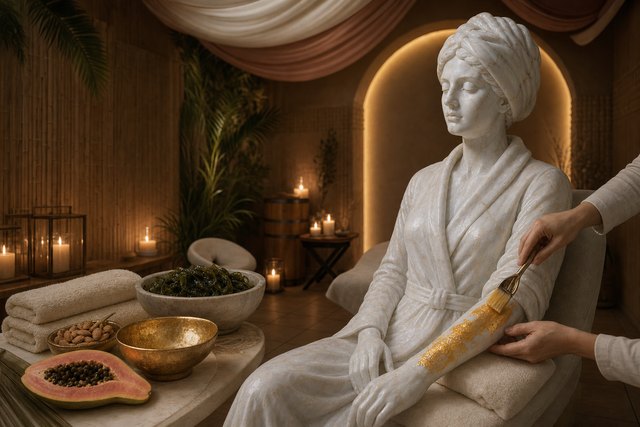 Беломраморная статуя с золотыми прожилками во время сияющего SPA-ритуала