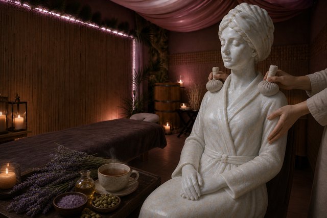 Беломраморная статуя с золотыми прожилками в лавандовом SPA-ритуале MINI