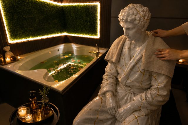 Мужская мраморная статуя с золотыми прожилками в SPA-комплексе Pandora