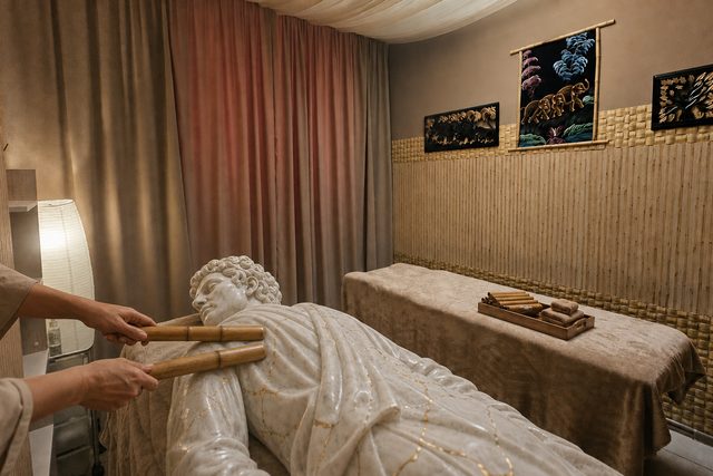 Мужская мраморная статуя и бамбуковый массаж в Pandora SPA