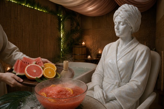 Беломраморная статуя с золотыми прожилками в летнем фруктовом SPA-ритуале