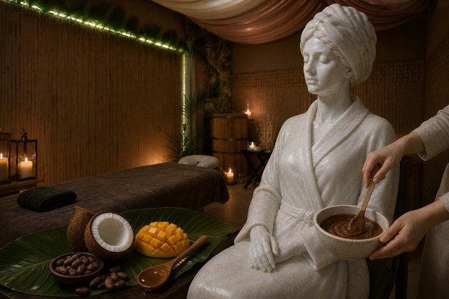 Беломраморная статуя с золотыми прожилками во время кокосово-шоколадного SPA-ритуала